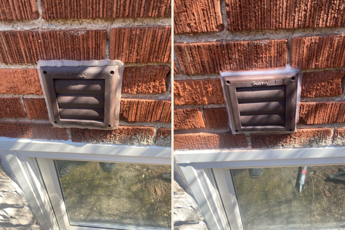 Before and after: Dryer vent hood on brick — the flange-to-wall joint cut out and resealed