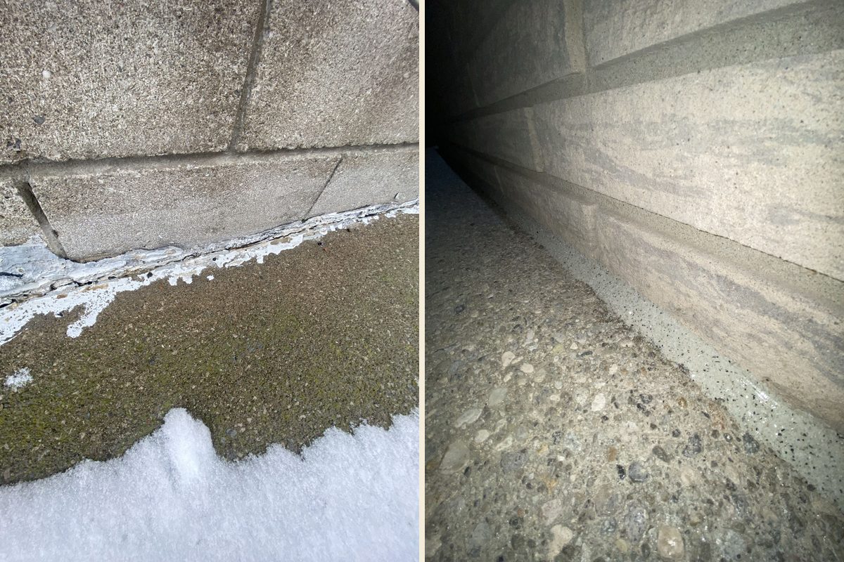 Before and after: Block wall to slab — joint sealed, then sandblasted with silica sand so the bead takes on the texture of the block