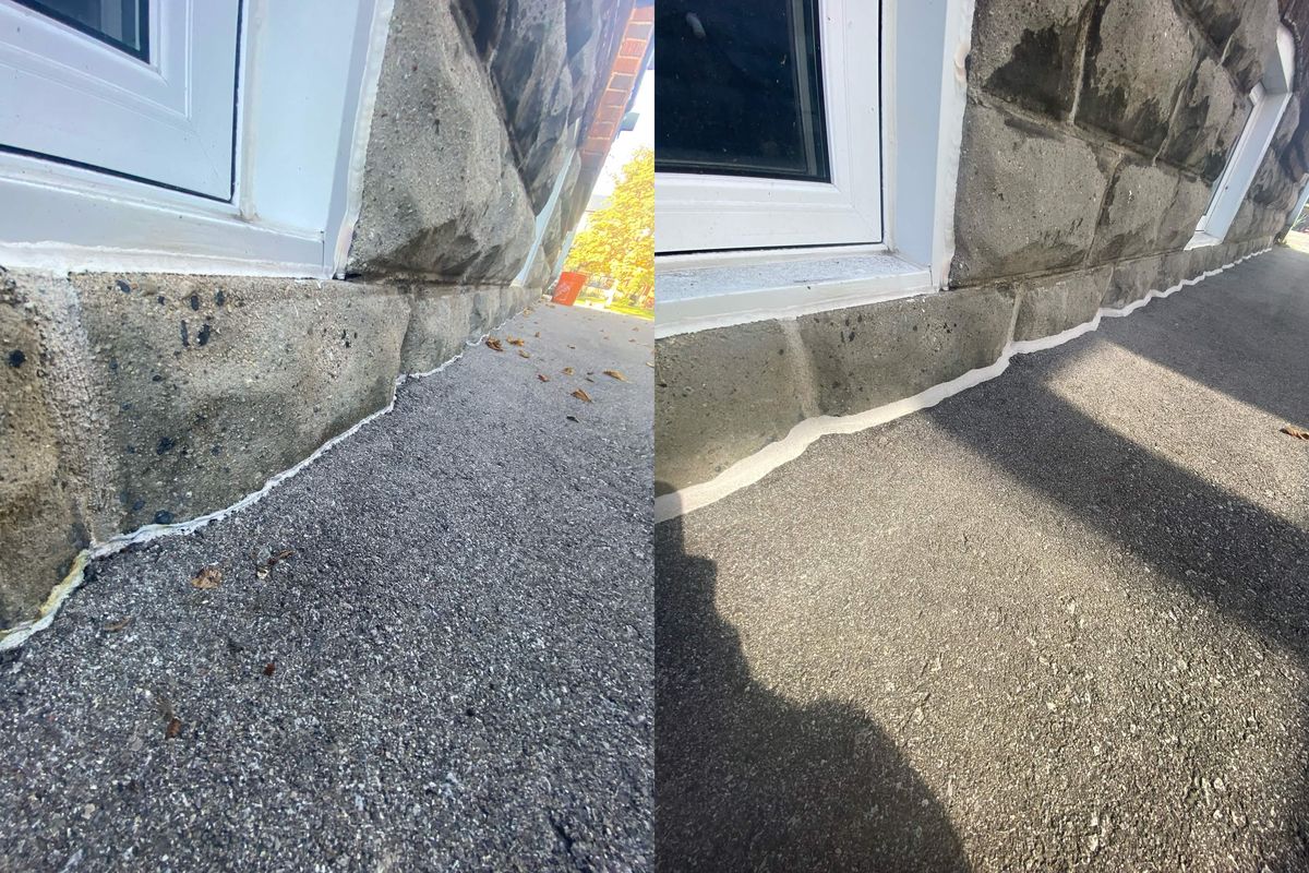 Before and after: Sill and foundation line at a basement window — the failed joint cut out and resealed