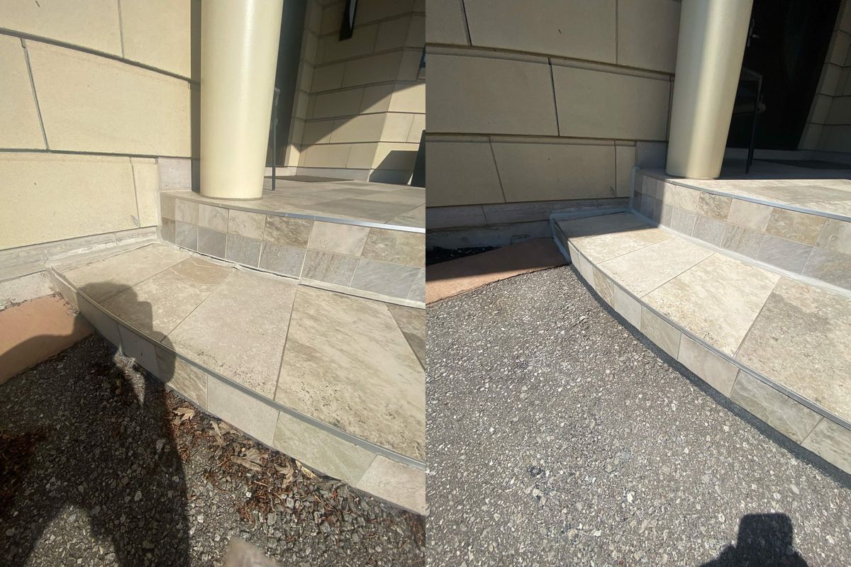 Before and after: Tiled porch steps — the open riser joint sealed and tooled