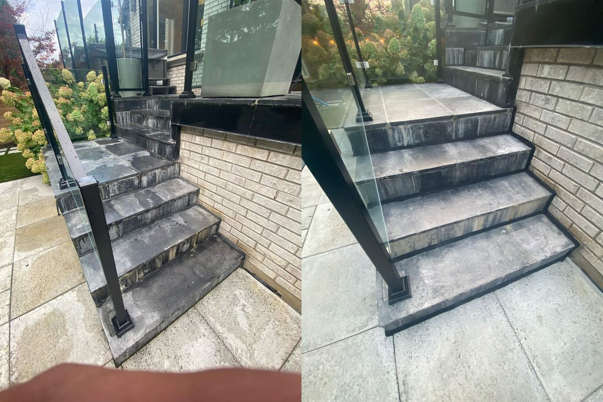 Before and after: Stone steps and landing — every joint cut out and resealed