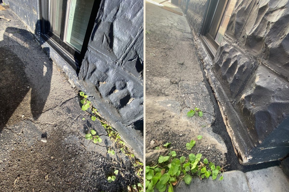 Before and after: Stone veneer to walkway — base joint sealed and sandblasted to a stone-like finish