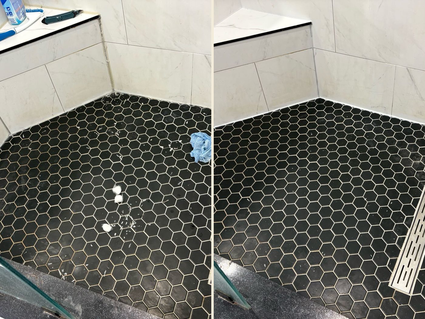 Before and after: a tiled shower floor — the old floor-to-wall silicone stripped out, sanitized and resealed