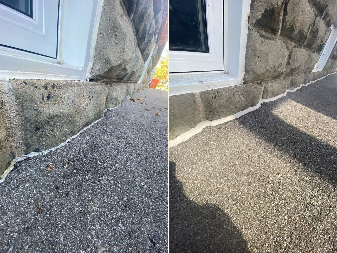 Before and after: a stone window surround with the perimeter joint cut out and resealed