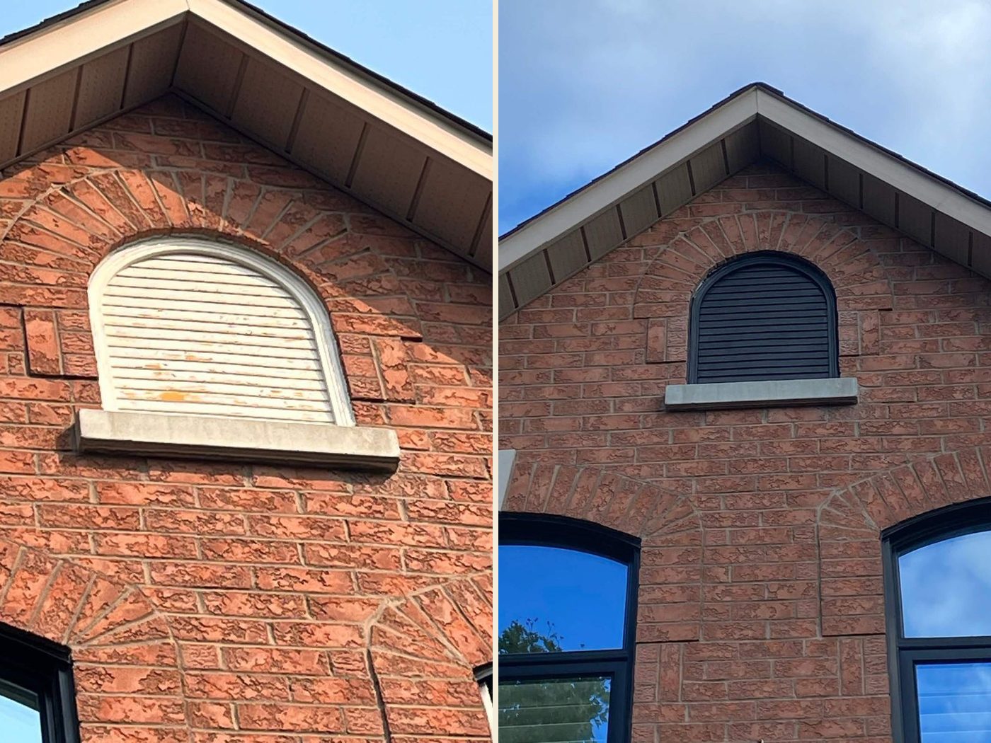 Before and after: a small gable window — the peeling white frame and louvre repainted black