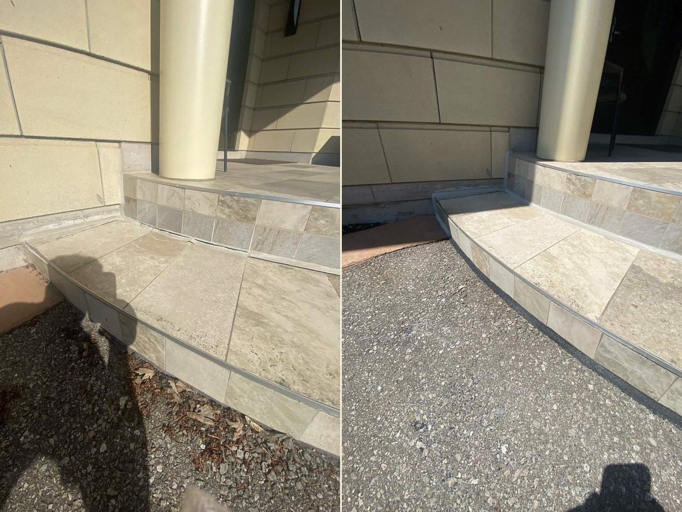 Before and after: a stone step and landing joint resealed