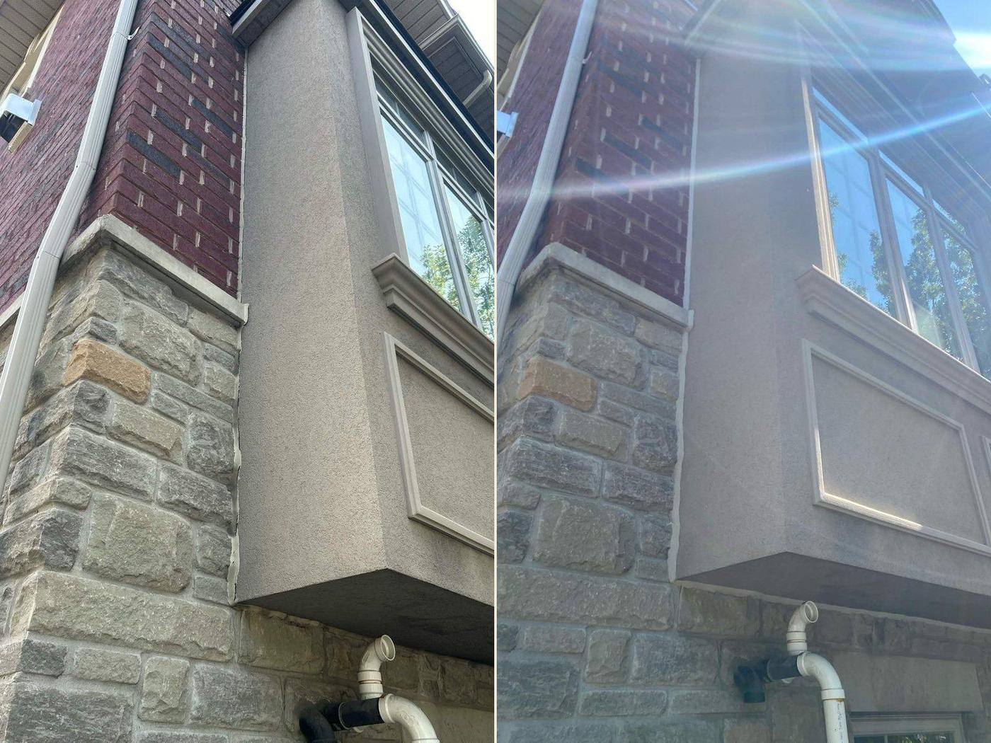 Before and after: the stone-to-frame transition at a bay window corner, resealed