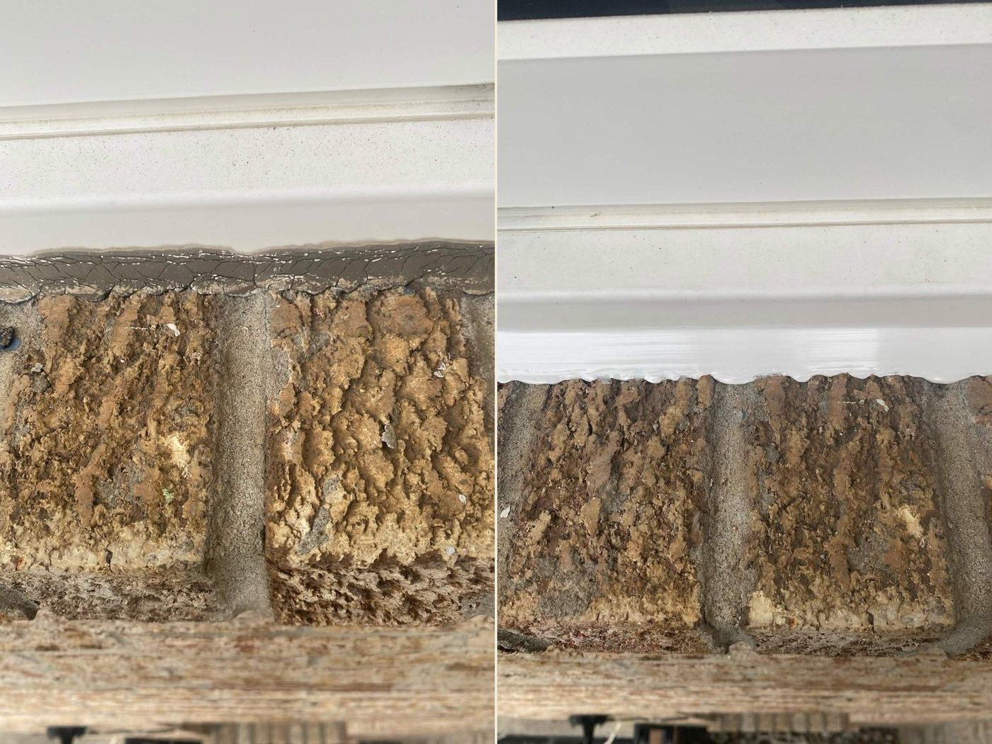 Before and after: a stone sill and header joint cut out and rebuilt