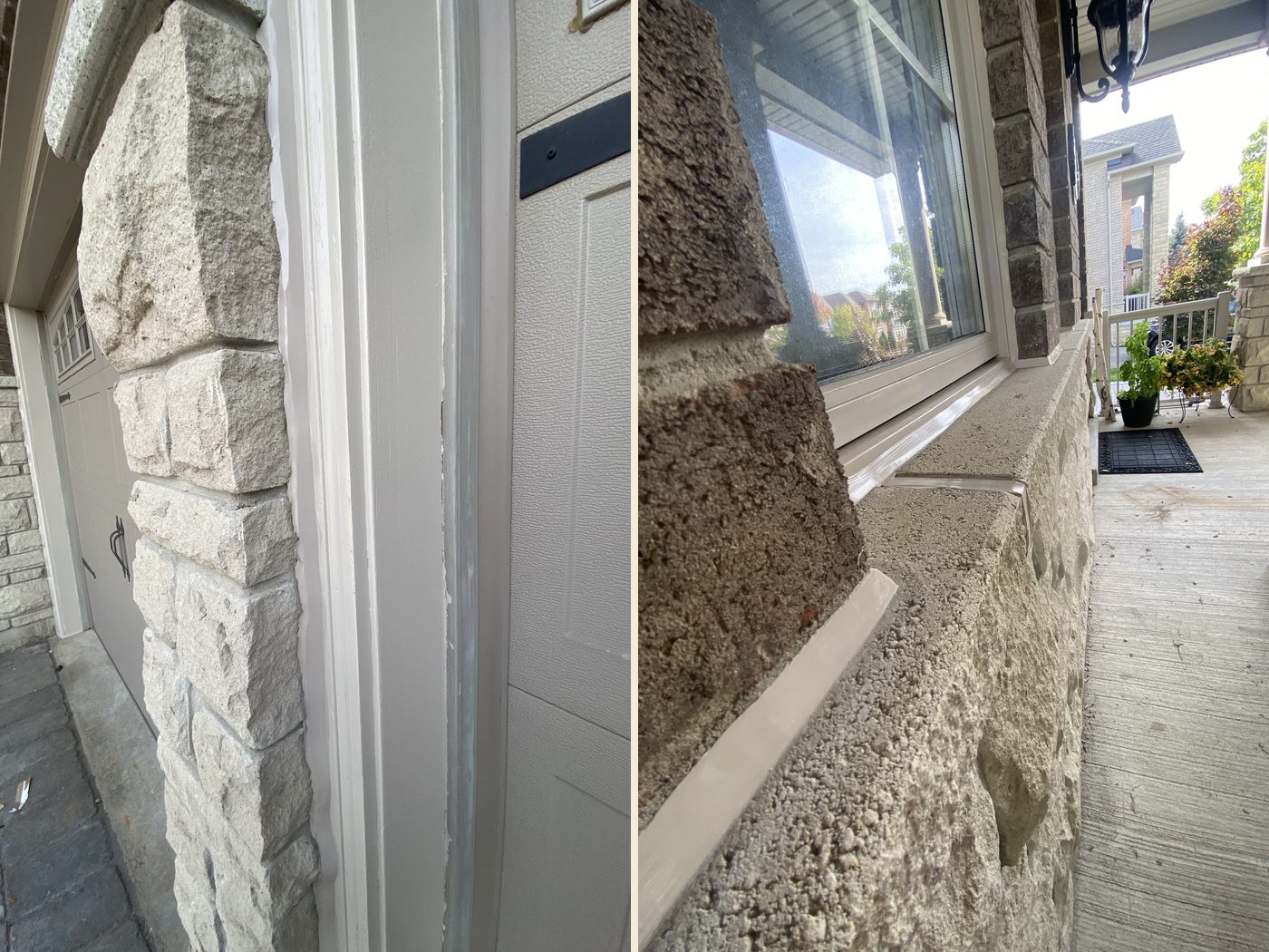Two finished jobs: a garage door frame sealed to a stone column, and a window sill sealed to stone at a porch