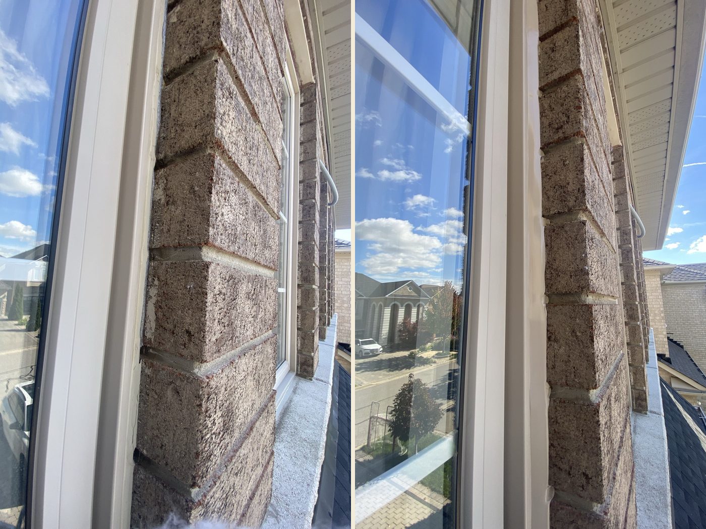 Before and after: a brick window jamb — the old bead cut out, then the new bead tooled from frame to brick