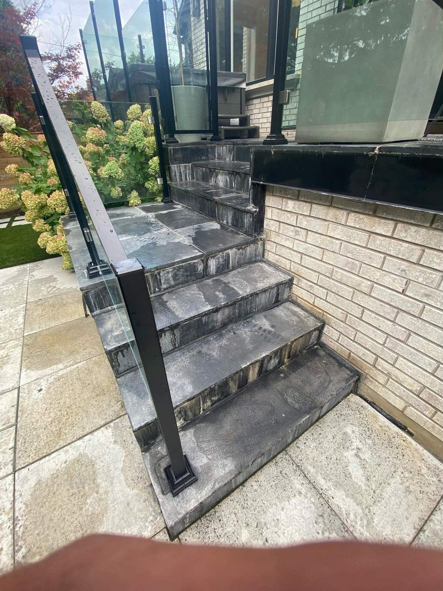Before: Glass railing base and step joint