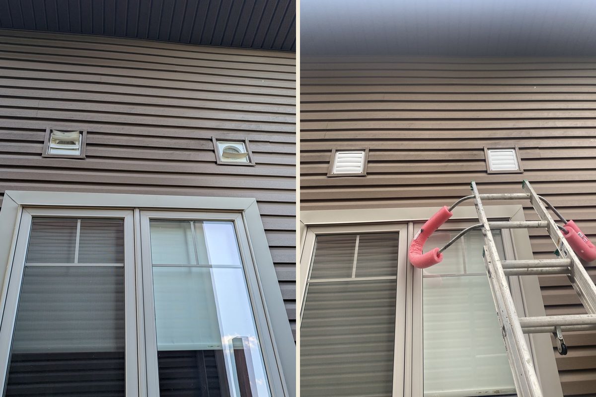 Before and after: Exhaust vent covers on siding — two cracked covers replaced, $60 each, and the flanges resealed